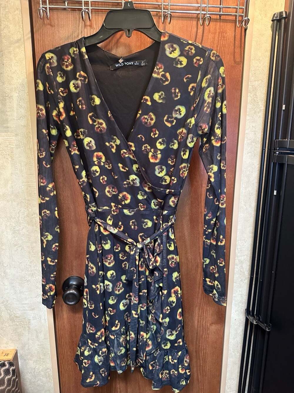 Wild Pony Floral Print Long Sleeve Mesh Wrap Mini Dress